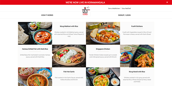 バンガロールのスタートアップ、フードデリバリーサービスRedcookerのWebサイトキャプチャー画面