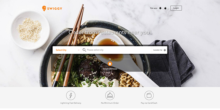 バンガロールのスタートアップ、フードデリバリーサービスSwiggyのWebサイトキャプチャー画面