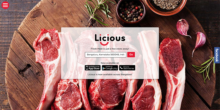 バンガロールのスタートアップ、お肉専門デリバリーサービスLiciousのWebサイトキャプチャー画面