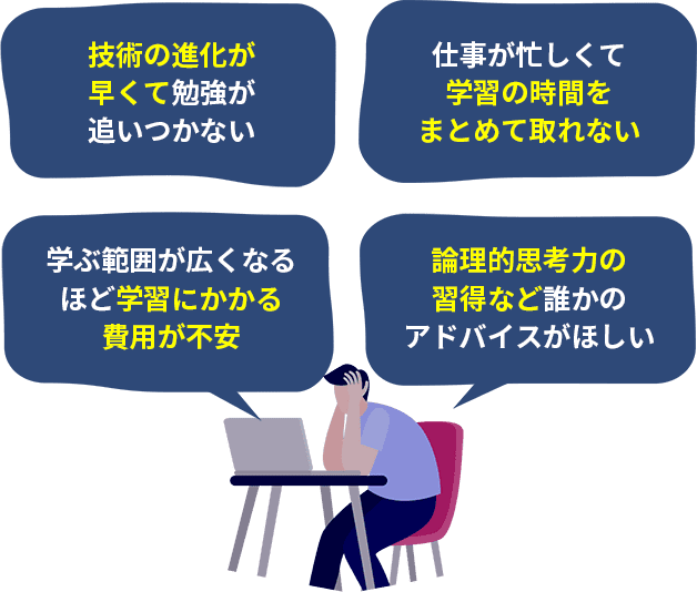 技術の進化が早くて勉強が追いつかない 数学的知識と考え方を分かりやすく教えてほしい 学ぶ範囲が広くなるほど学習のための費用が不安 論理的思考力の習得など誰かのアドバイスがほしい